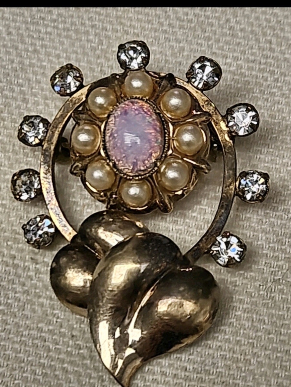 BAL-RON 12K Gold Filled Crystal Faux Opal Floral Brooch Pin Pendant Vintage sign